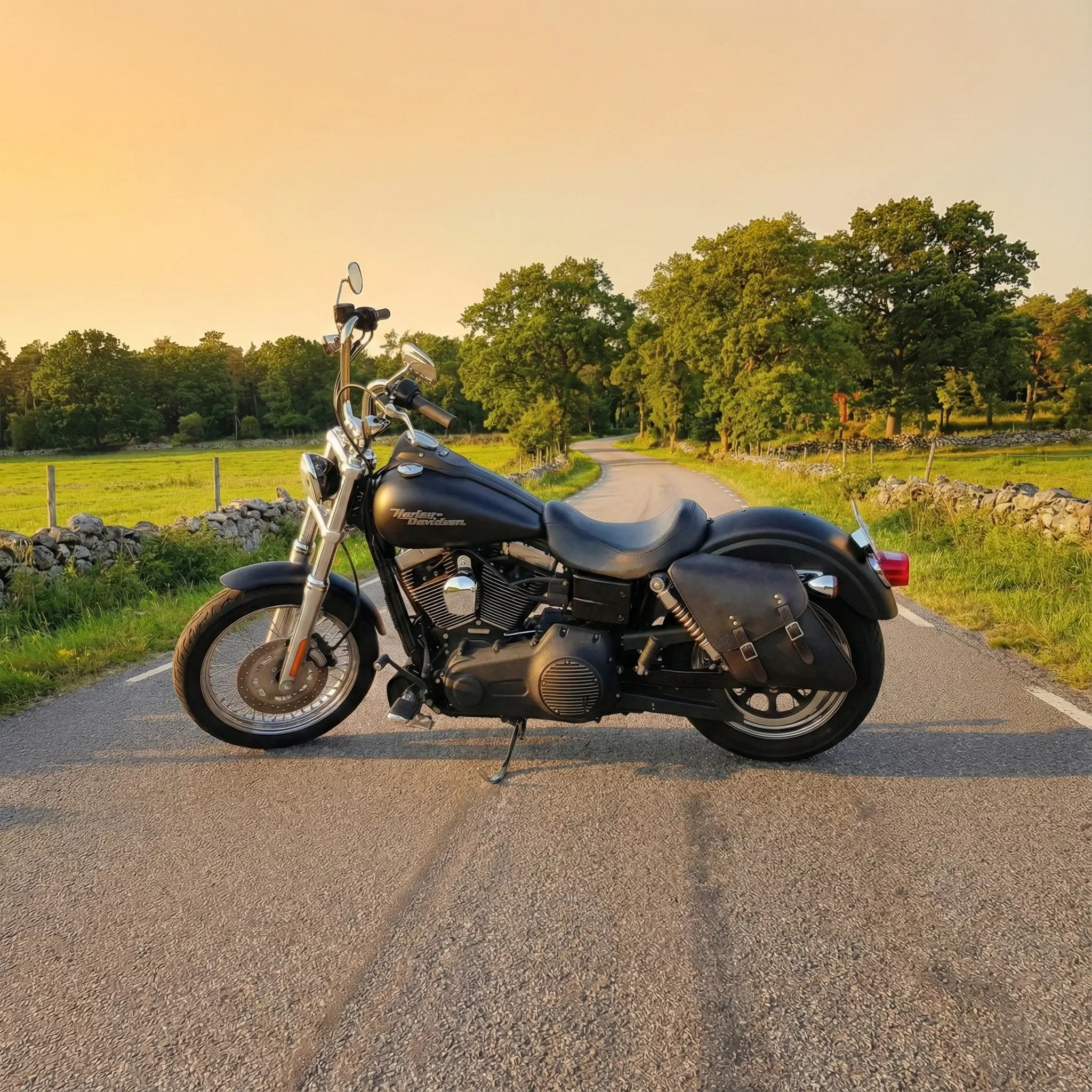 Black motorcycle parked on a rural road with trees and sunset in the background