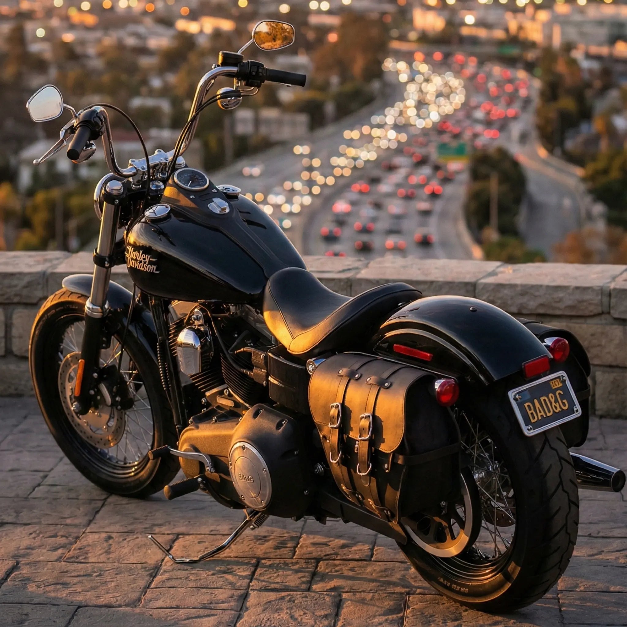 Motorcycle parked on a bridge with a cityscape and traffic lights in the background